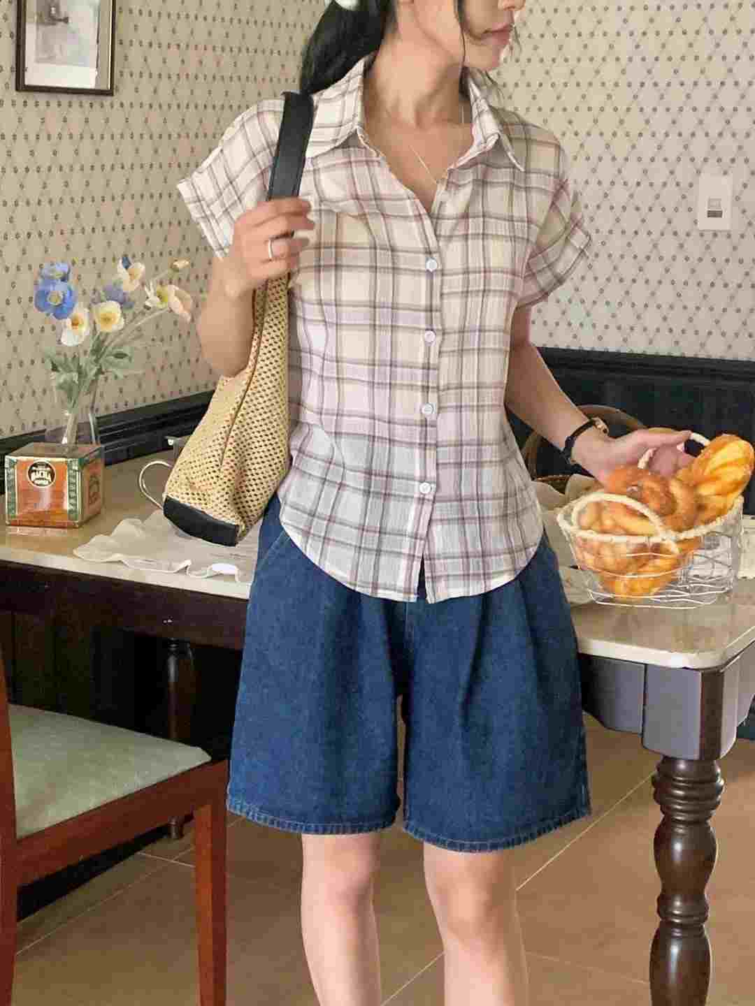 EROOM東大門㊣實拍女士新款推薦人氣職業25春夏襯衫蕾絲衫格紋EROOM襯衫/蕾絲衫