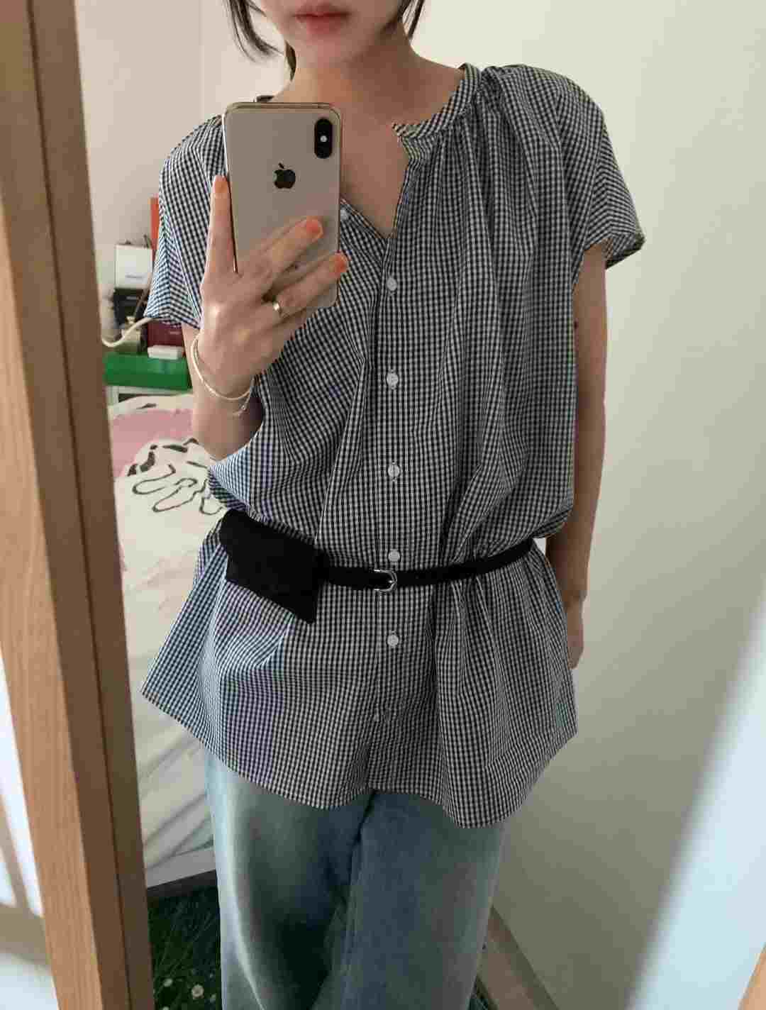 FEVER東大門㊣代購女士新品真品休閑時尚襯衫蕾絲衫含腰包格紋FEVER襯衫/蕾絲衫