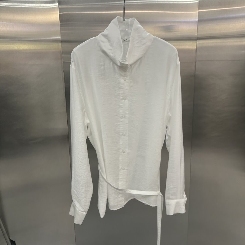 PAVEL韓國代購㊣女裝新品職業25秋夏休閑襯衫蕾絲衫含腰帶高領PAVEL襯衫/蕾絲衫