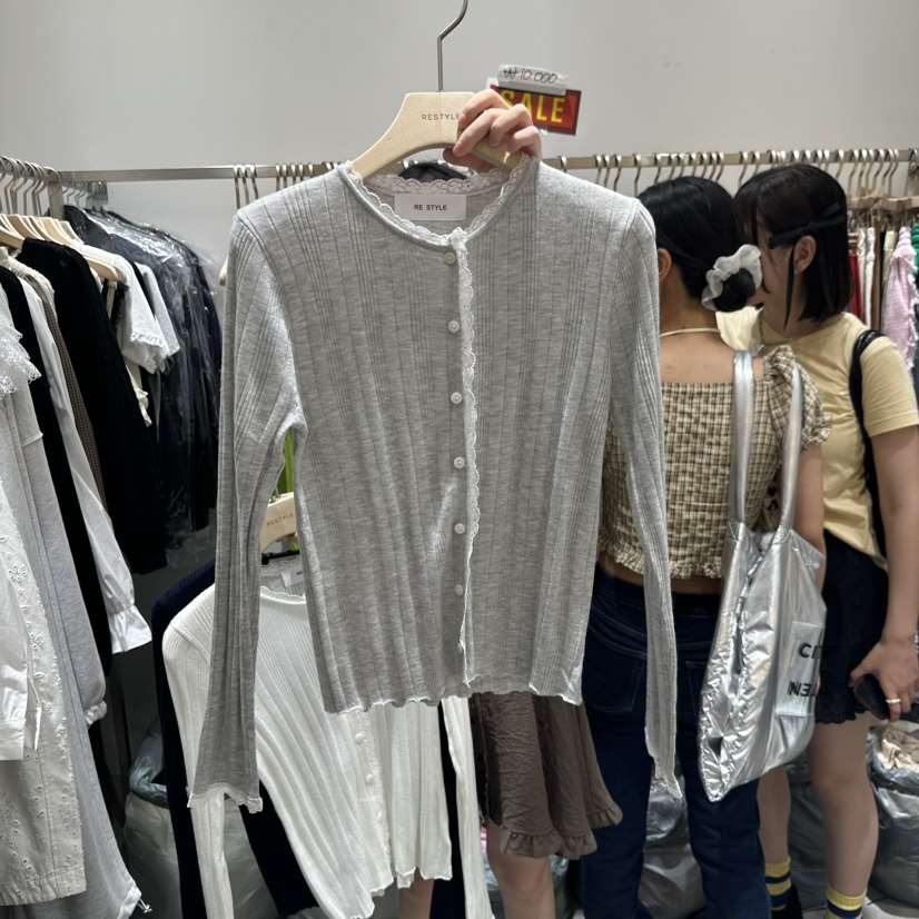 RE STYLE-Q韓國直郵㊣女士新款時尚25秋夏長袖T恤蕾絲開衫RE STYLE長袖T恤