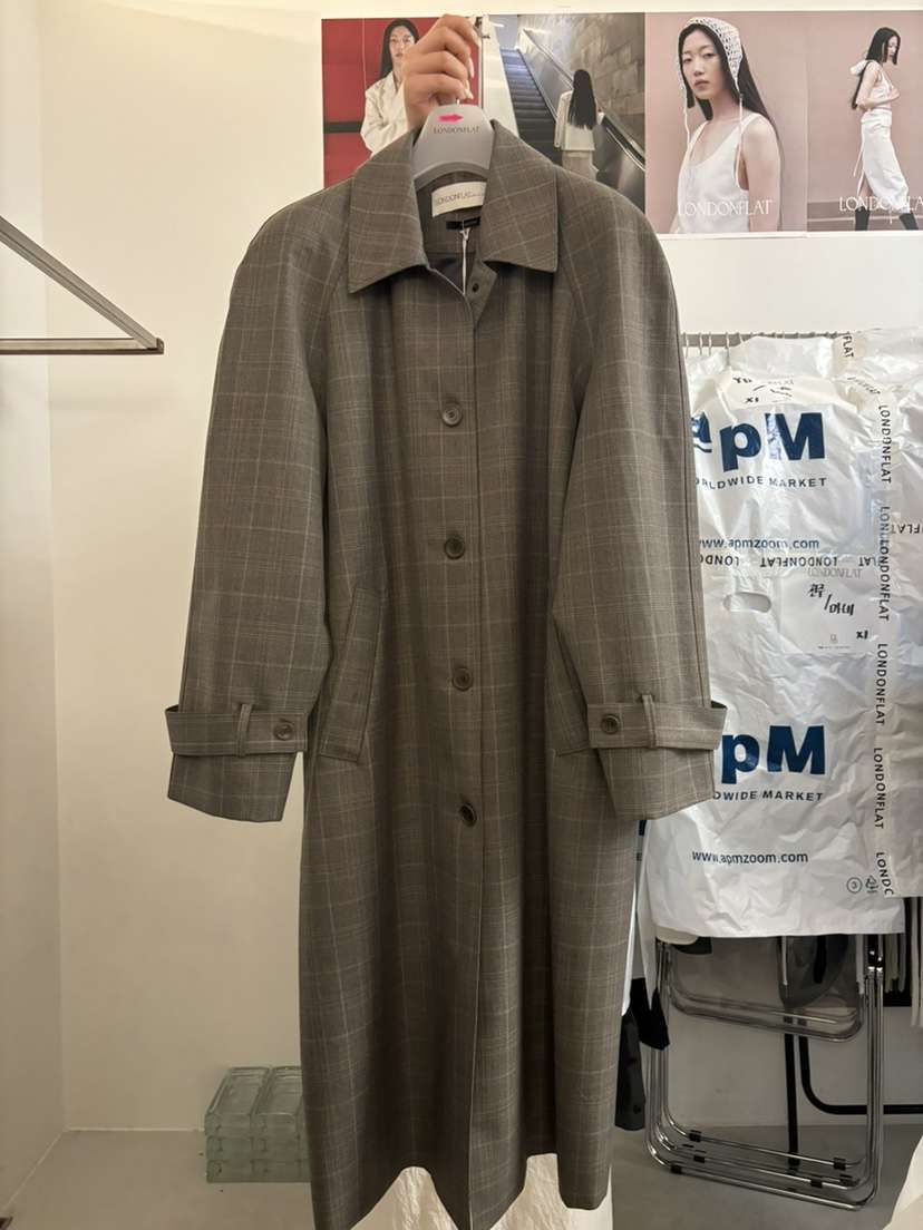 LONDON FLAT韓國直郵㊣女士新品休閑時尚職業長款風衣格紋LONDON FLAT長款風衣