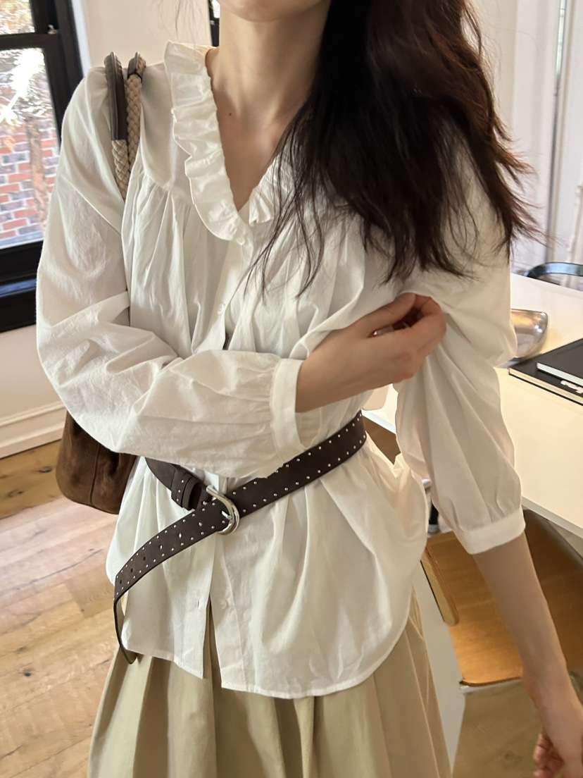 ME MO東大門㊣代購女裝新款職業襯衫蕾絲衫不含腰帶荷葉邊ME MO襯衫/蕾絲衫