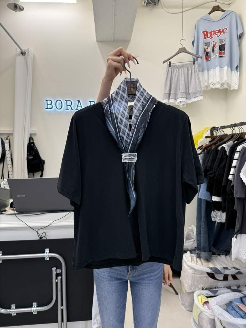 BORA BORA韓國代購㊣女士新款推薦真品熱賣25秋夏休閑T恤格紋BORA BORAT恤