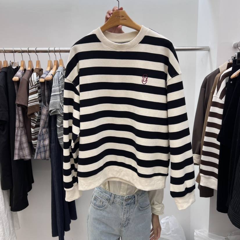 DRESS ROOM韓國代購㊣女裝新款休閑推薦時尚25秋冬衛衣條紋DRESS ROOM衛衣