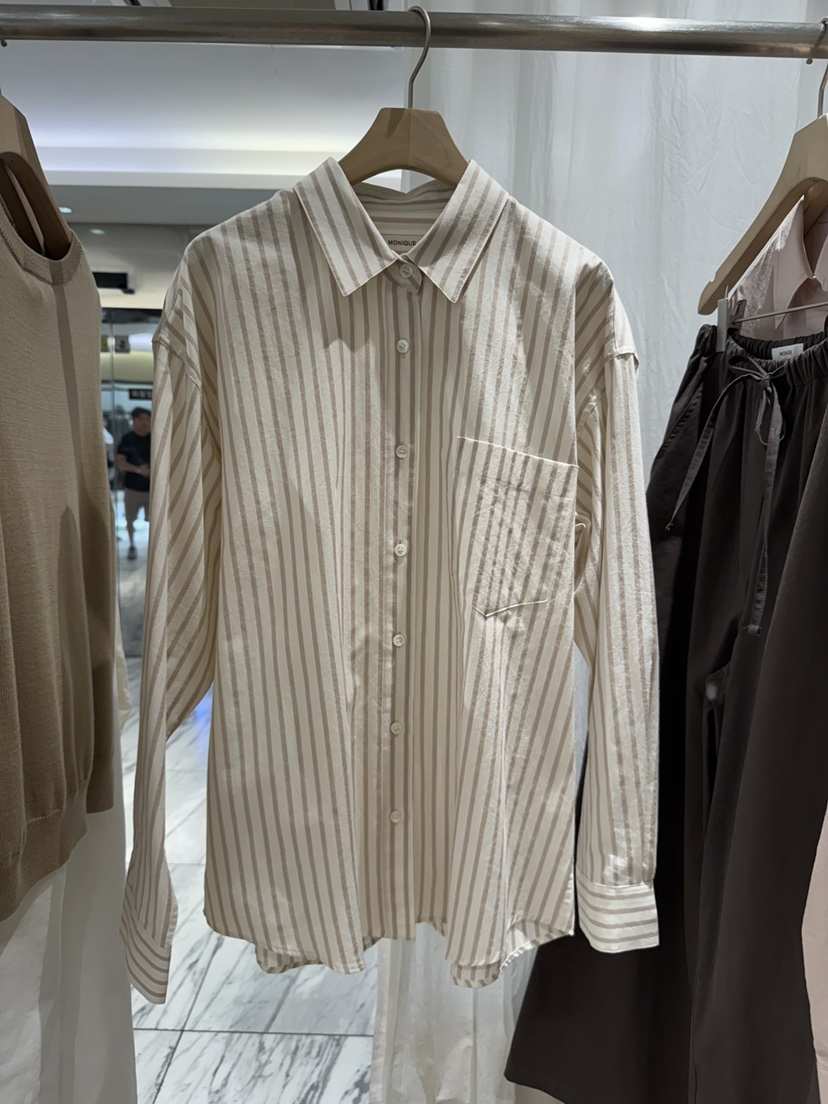MONIQUE韓國代購㊣女士新品時尚休閑25秋冬襯衫蕾絲衫棉質條紋MONIQUE襯衫/蕾絲衫