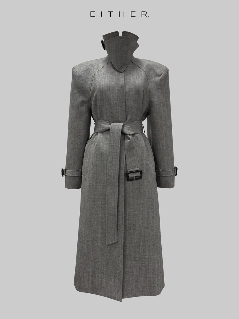 EITHER東大門㊣實拍女裝新品推薦長款風衣人字形含腰帶羊毛EITHER長款風衣