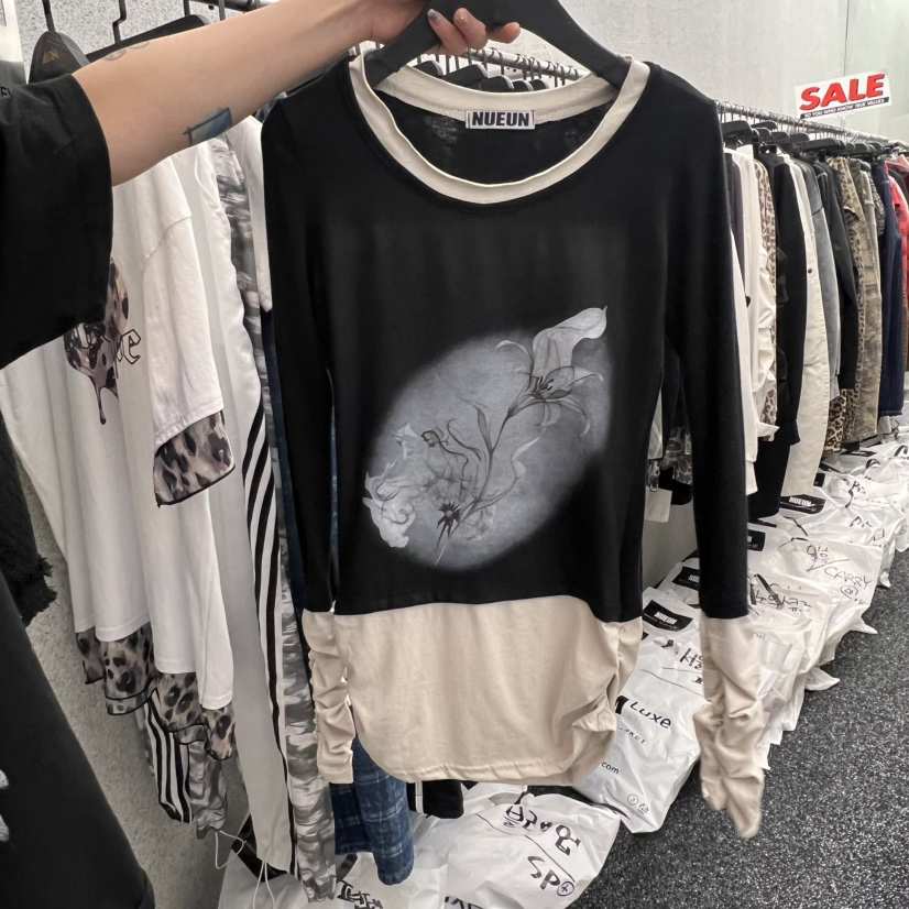 NUEUN韓國代購㊣女士新品時尚熱賣推薦25秋冬長袖T恤假兩件NUEUN/SEEOT長袖T恤