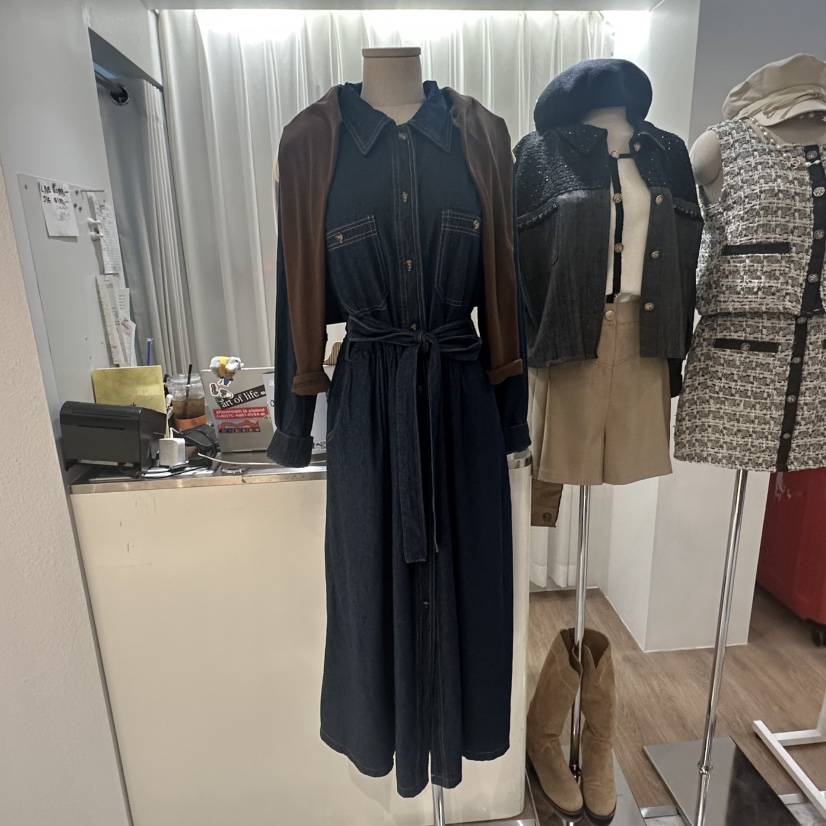 ABLESTUDIO韓國代購㊣女裝新品休閑25秋冬連衣裙含腰帶披肩ABLESTUDIO連衣裙