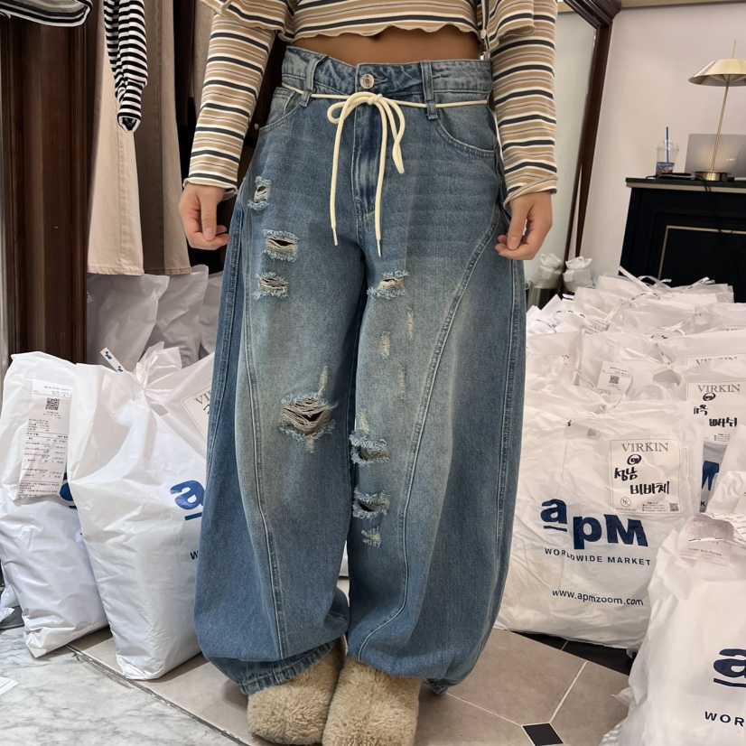 VIRKIN東大門㊣代購女裝新款人氣推薦休閑時尚牛仔褲含腰繩VIRKIN牛仔褲