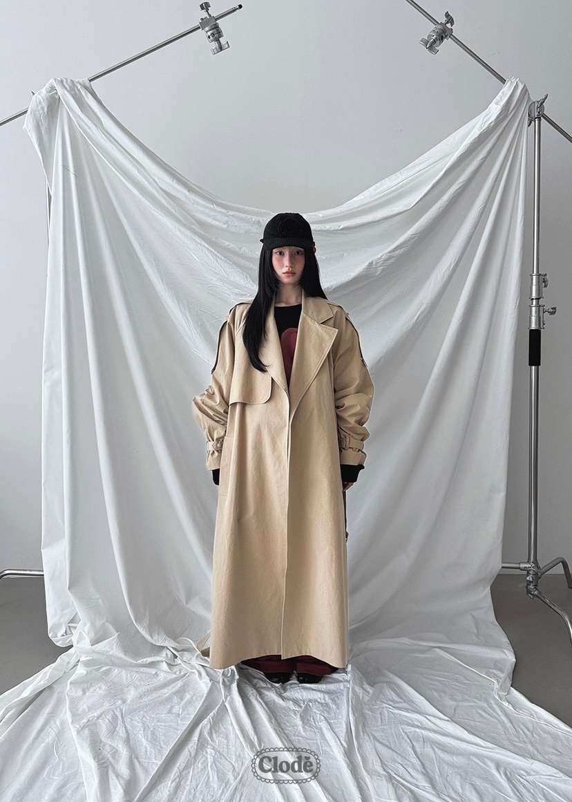 CLODE韓國直郵㊣女裝新款真品熱賣時尚25秋冬長款風衣含腰帶褶皺CLODE長款風衣