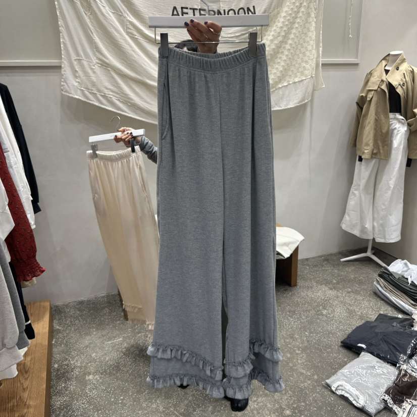 AFTERNOON韓國直郵㊣女裝新款休閑25秋冬職業休閑褲荷葉邊羅紋AFTERNOON休閑褲