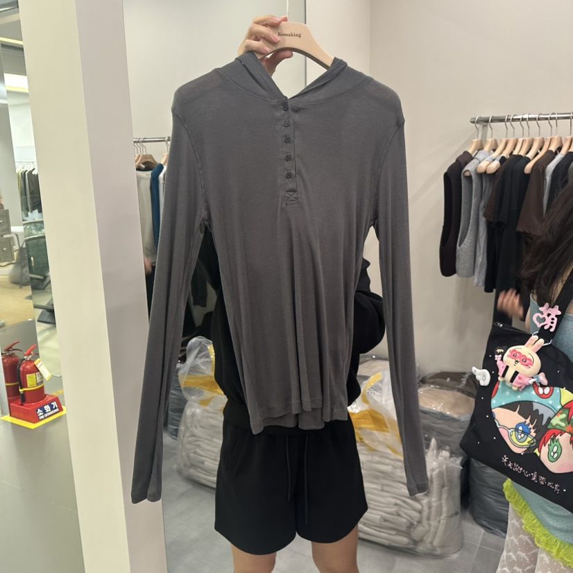 URBANSTORY/REMAKING東大門㊣代購女士新品時尚長袖T恤兜帽紐扣Remaking/URBANSTORY長袖T恤