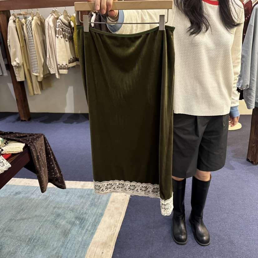 FURE韓國代購㊣女裝新款熱賣25秋冬職業時尚長裙天鵝絨蕾絲FURE長裙