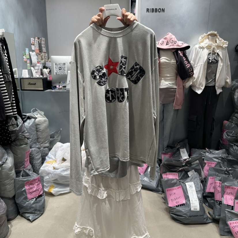 RIBBON韓國代購㊣女士新品休閑時尚人氣25秋冬長袖T恤絨面革RIBBON長袖T恤