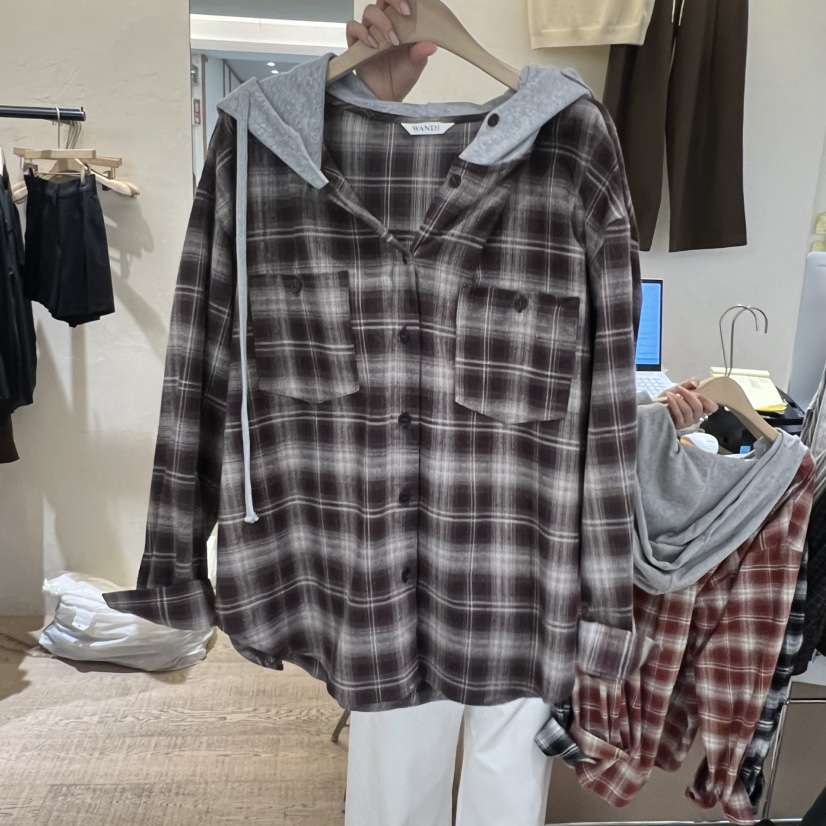 W AND J韓國直郵㊣女士新品真品推薦時尚襯衫蕾絲衫格紋連帽W AND J襯衫/蕾絲衫