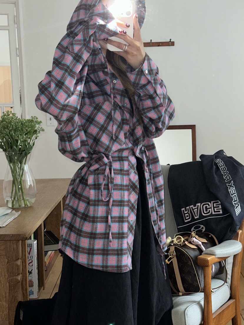 ZEROZERO韓國代購㊣女士新品時尚人氣職業襯衫蕾絲衫格紋連帽ZEROZERO襯衫/蕾絲衫