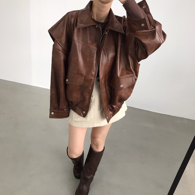 2TWO MOON韓國直郵㊣女士新品熱賣25秋冬真品休閑皮衣皮革2TWO MOON皮衣