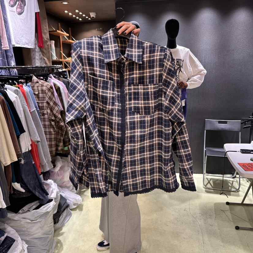 CHAVI東大門㊣實拍女裝新品熱賣推薦休閑時尚襯衫蕾絲衫格紋CHAVI襯衫/蕾絲衫