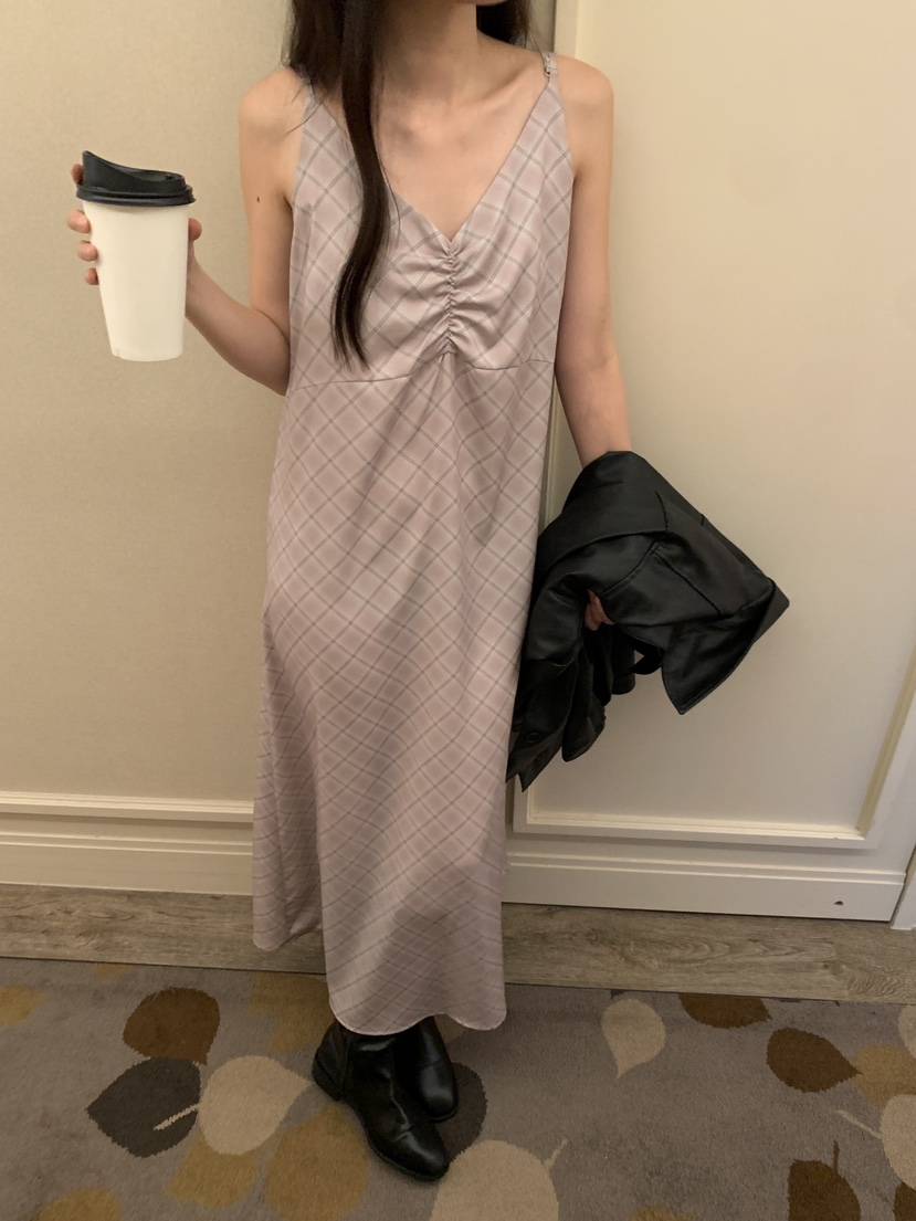 FRILL-T東大門㊣代購女士新款休閑職業連衣裙不含內搭格紋FRILL-T連衣裙