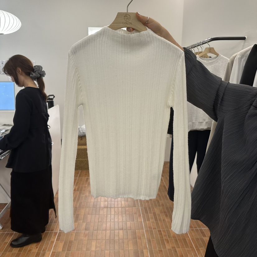 LOGON韓國代購㊣女裝新款職業休閑25秋冬時尚針織衫格子褶皺LOGON針織衫