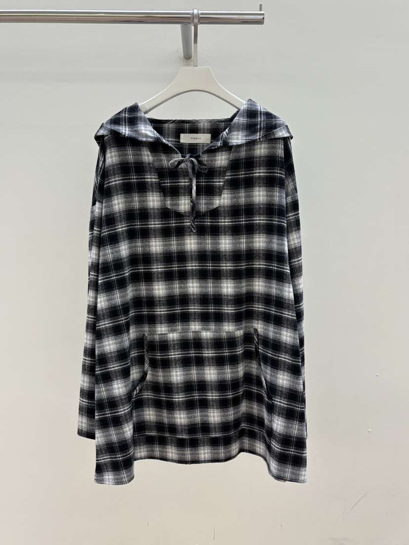 PEBBLE東大門㊣實拍女士新品人氣休閑襯衫蕾絲衫格紋連帽長款PEBBLE/LAYER襯衫/蕾絲衫