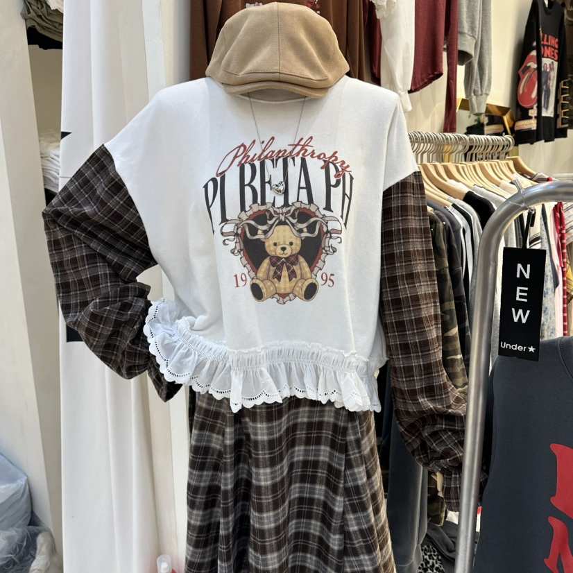 UNDERSTAR_VINTAGE韓國代購㊣女士新品真品休閑衛衣格紋蕾絲UNDERSTAR_VINTAGE衛衣