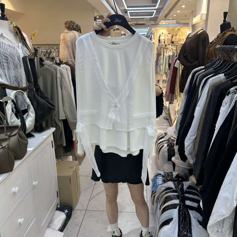 BAKHA韓國直郵㊣女裝新品時尚職業熱賣推薦長袖T恤假兩件透明BAKHA長袖T恤