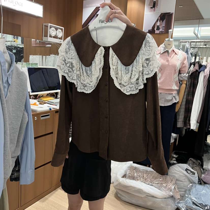 OGI韓國直郵㊣女裝新款真品時尚休閑人氣襯衫蕾絲衫蕾絲絲質FLat OGI襯衫/蕾絲衫