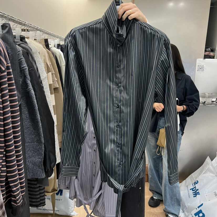 MEET ME韓國代購㊣女士新品25秋冬休閑襯衫蕾絲衫含腰帶條紋MEET ME襯衫/蕾絲衫