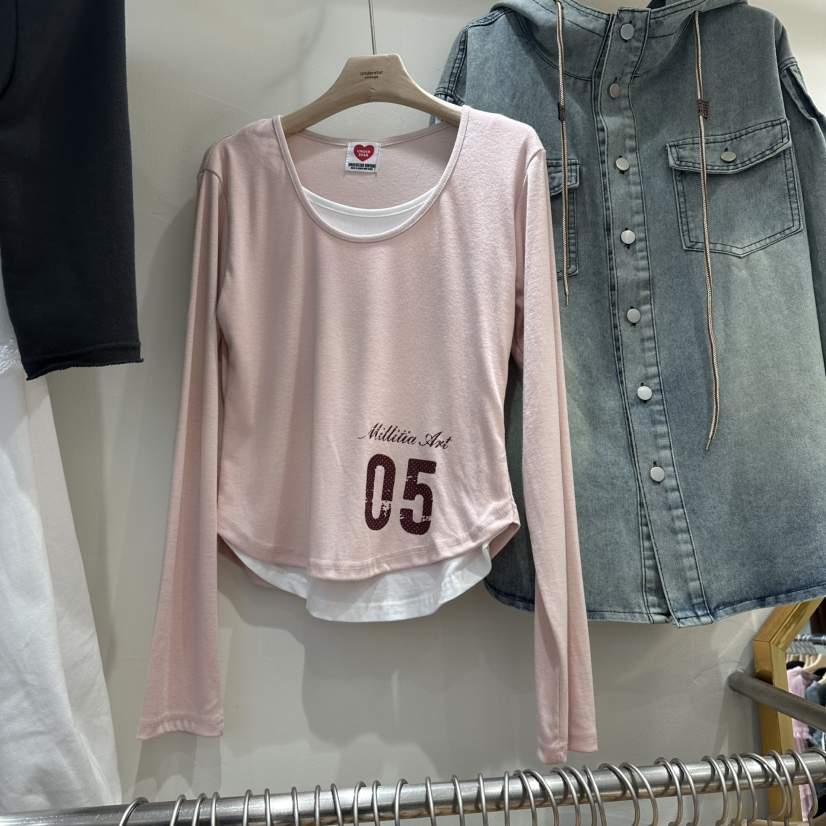 UNDERSTAR_VINTAGE東大門㊣實拍女士新品25秋冬長袖T恤假兩件雙排扣UNDERSTAR_VINTAGE長袖T恤