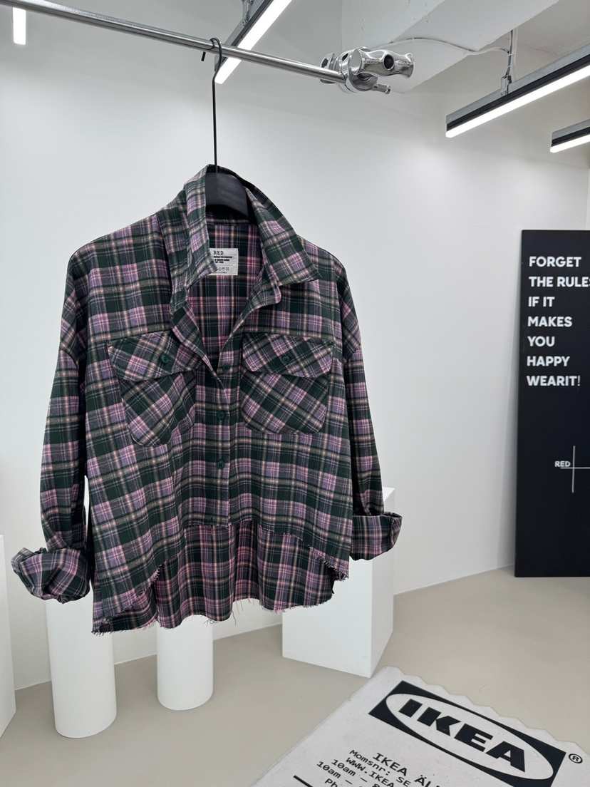RED-A韓國代購㊣女裝新品25秋冬熱賣襯衫蕾絲衫不對稱格紋RED-A襯衫/蕾絲衫