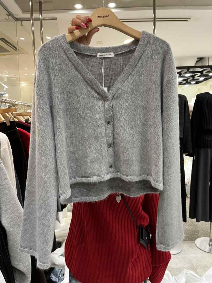 INSSENSE-A韓國直郵㊣女士新品真品休閑針織衫毛皮短款開衫INSSENSE-A針織衫