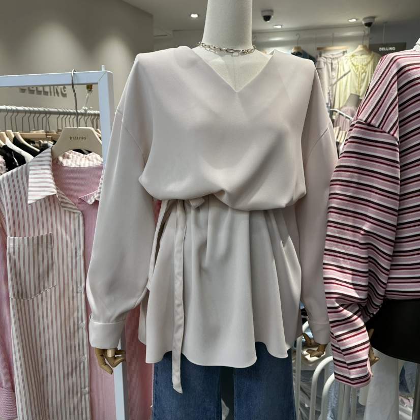 DELLING東大門㊣實拍女裝新品25秋冬休閑熱賣襯衫蕾絲衫含腰繩DELLING襯衫/蕾絲衫