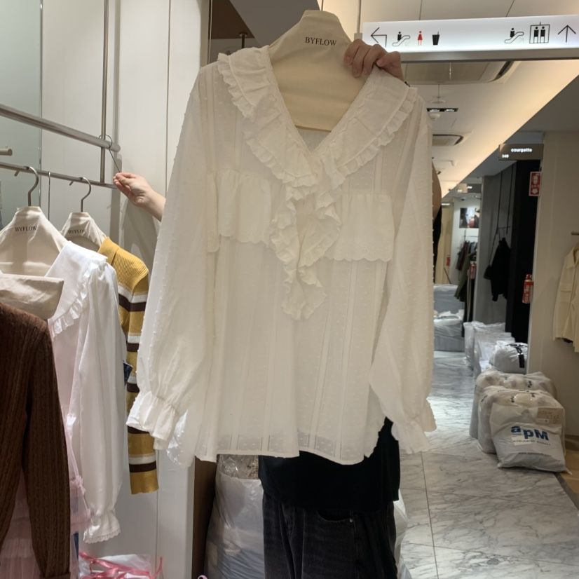 BY FLOW東大門㊣實拍女士新品時尚熱賣襯衫蕾絲衫圓點褶邊BY FLOW襯衫/蕾絲衫