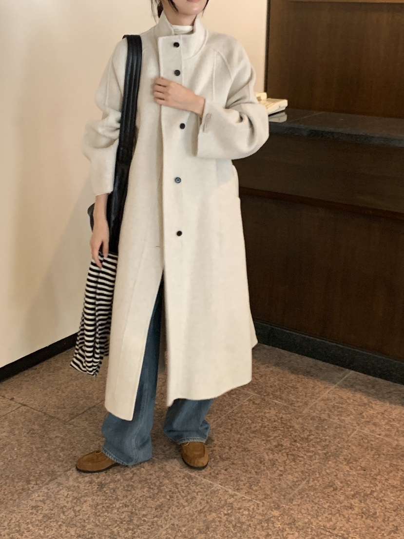 FRILL-T韓國代購㊣女裝新品時尚中長款大衣手工制作含腰帶FRILL-T中長款大衣