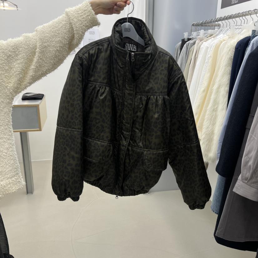 STAINLESS韓國代購㊣女裝新款休閑真品熱賣人氣短款棉服豹紋絨STAINLESS短款棉服