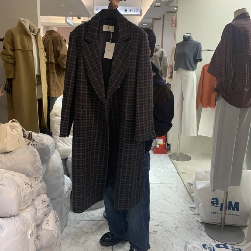 OBJET東大門㊣實拍女士新品熱賣25秋冬時尚真品中長款大衣格紋love us u/OBJET中長款大衣