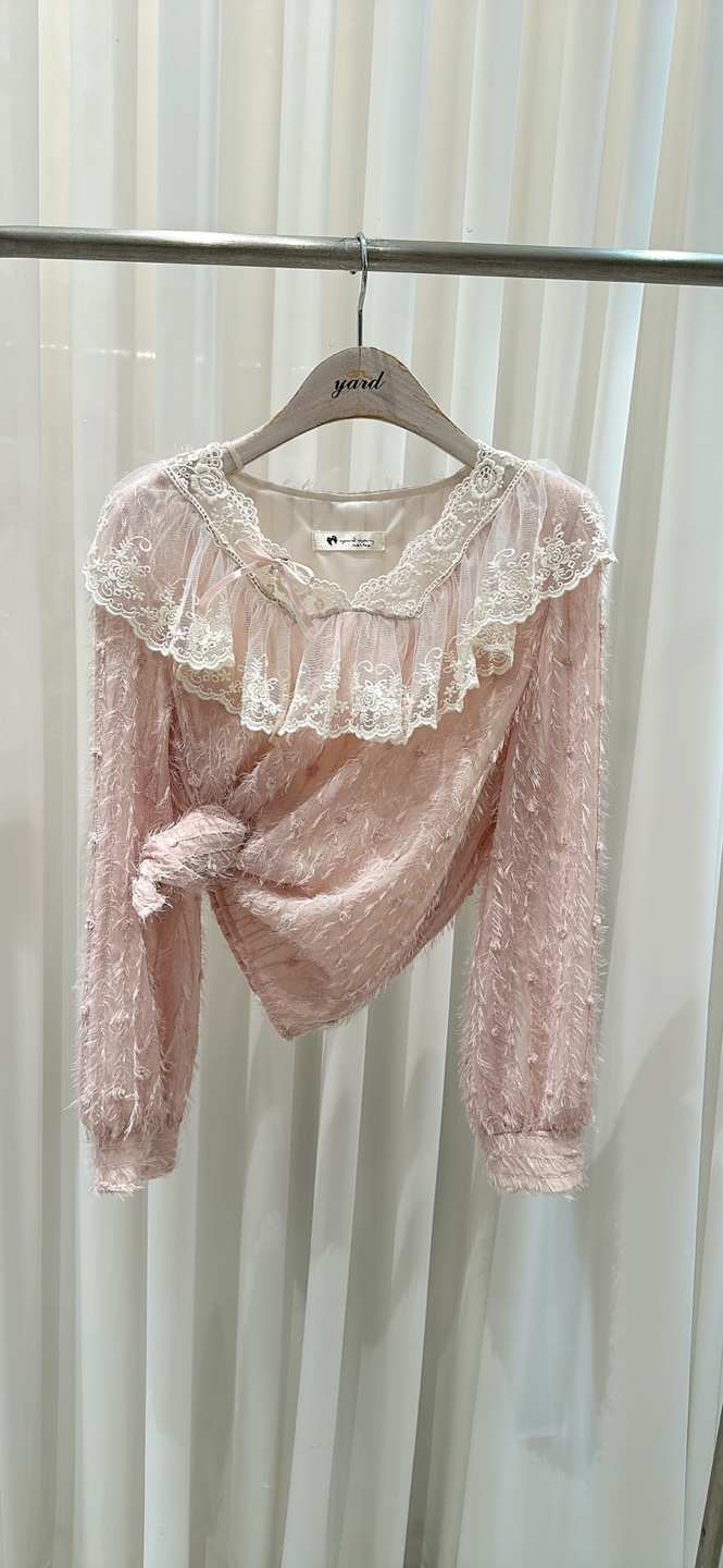 YARD東大門㊣實拍女裝新品25秋冬襯衫蕾絲衫褶邊雪紡含胸花YARD襯衫/蕾絲衫