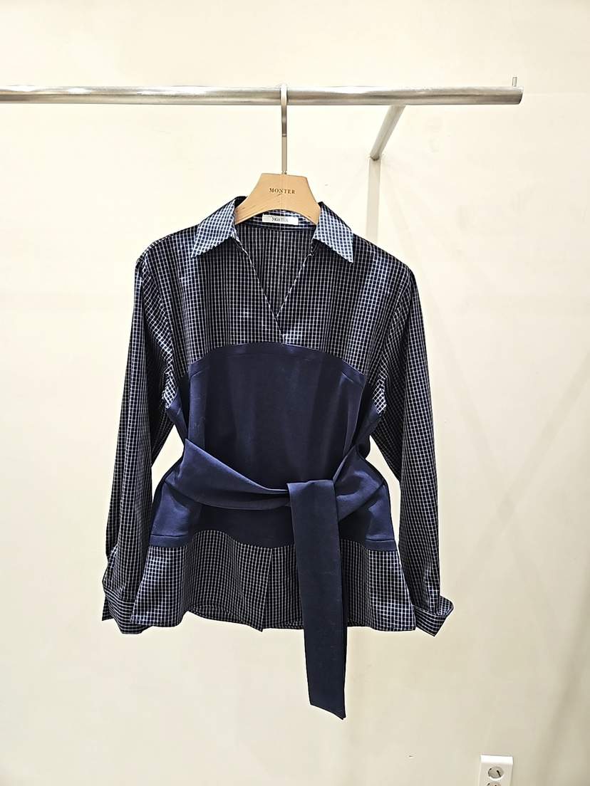 MONTER東大門㊣代購女士新品時尚職業襯衫蕾絲衫假兩件格紋MONTER襯衫/蕾絲衫