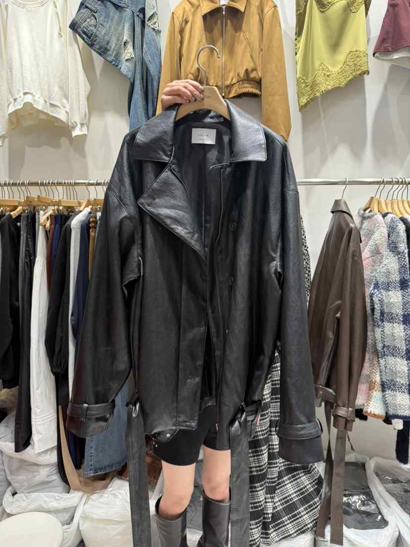 SOLAR東大門㊣實拍女裝新款真品25秋冬時尚休閑皮衣含腰帶皮革SOLAR皮衣