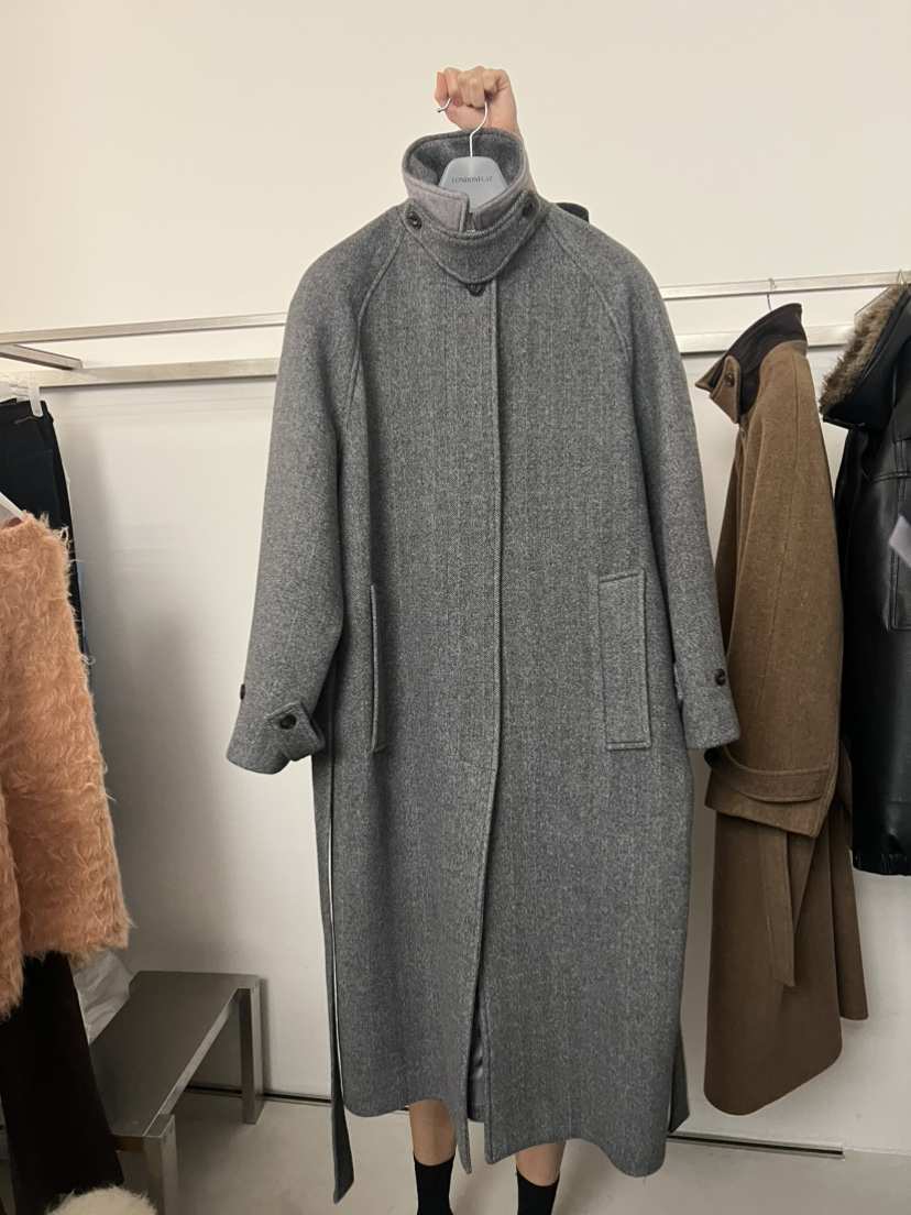 LONDON FLAT東大門㊣直郵女裝新品時尚中長款大衣人字紋含腰帶LONDON FLAT中長款大衣