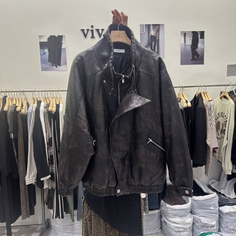 VIVEL韓國代購㊣女裝新款推薦時尚職業熱賣夾克水洗皮革絎縫VIVEL夾克