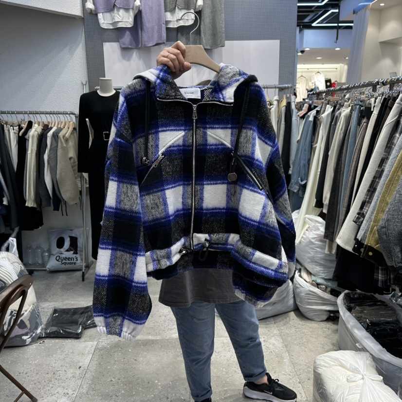 BLOOM韓國代購㊣女裝新款熱賣職業時尚人氣夾克格紋兜帽貂皮BLOOM-Q夾克