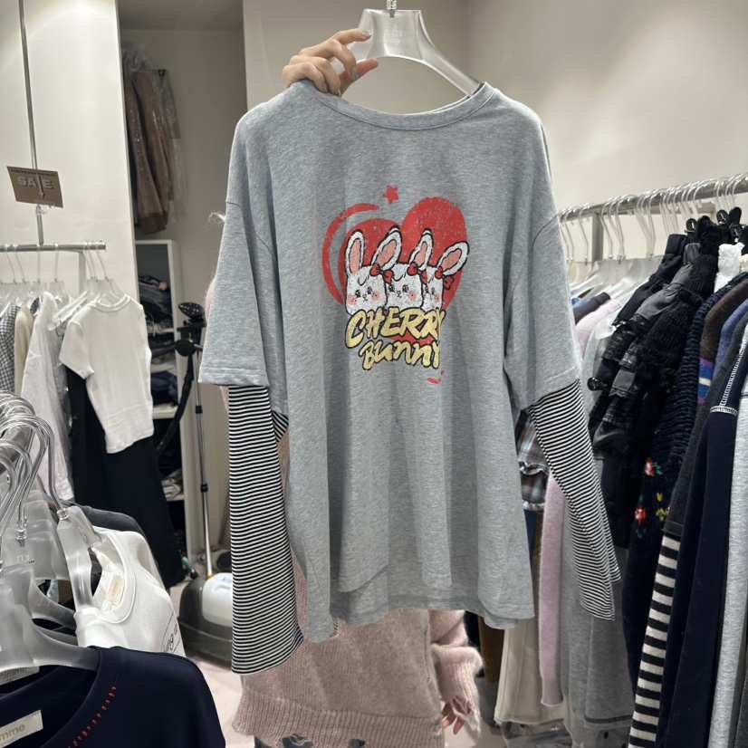 MIMME韓國代購㊣女士新品職業25秋冬長袖T恤假兩件兔子拼色MIMME長袖T恤