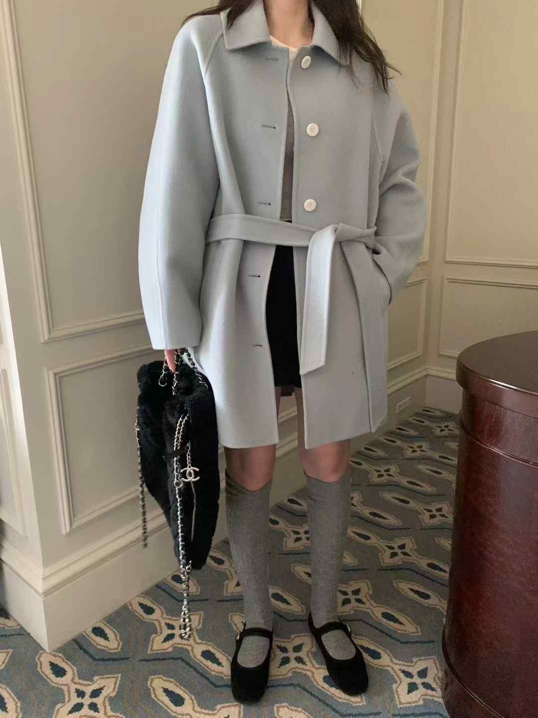 MELLOUNGE-멜라운지-T東大門㊣直郵女裝新品25秋冬中長款大衣手工制作含腰帶羊毛MELLOUNGE-T中長款大衣