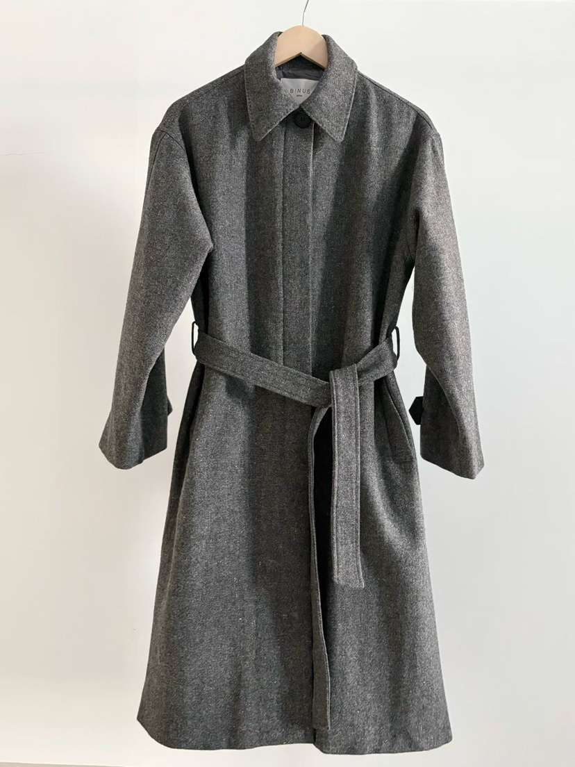 BINUS韓國代購㊣女裝新款熱賣休閑真品人氣中長款大衣含腰帶BINUS中長款大衣
