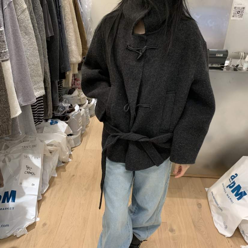 MEET ME東大門㊣實拍女士新款時尚短款大衣不含圍巾含腰帶MEET ME短款大衣