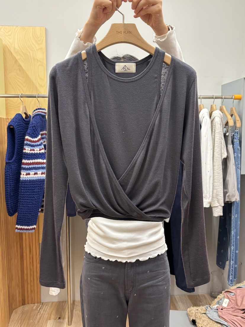 THEPLAN韓國代購㊣女裝新品休閑職業25秋冬推薦長袖T恤假兩件THE PLAN長袖T恤