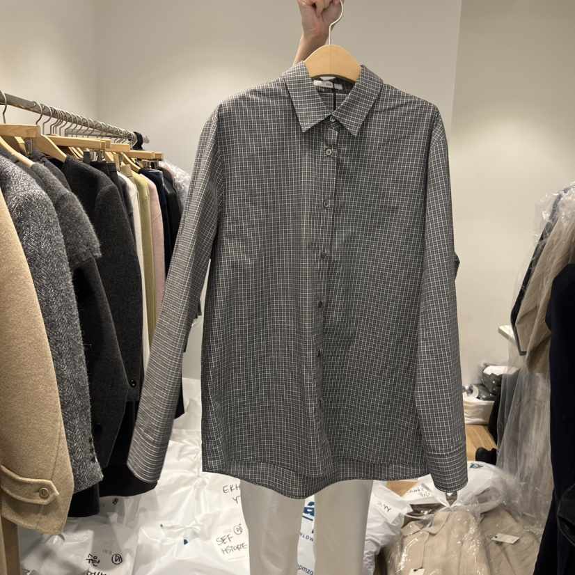 OUR-A韓國直郵㊣女裝新品推薦時尚25秋冬襯衫蕾絲衫格紋棉質OUR-A襯衫/蕾絲衫