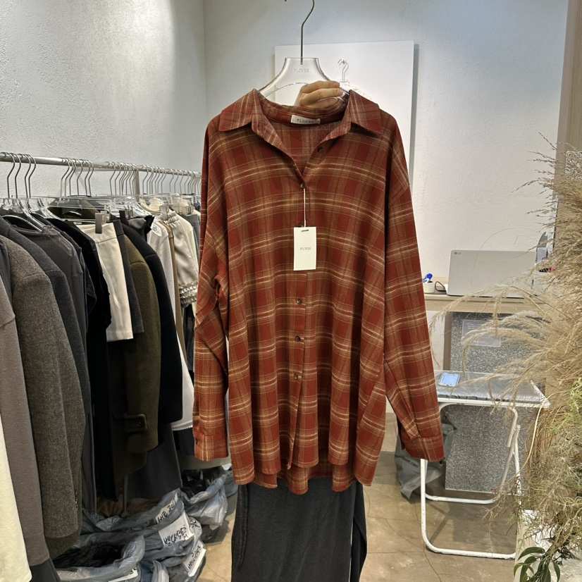 PLOVER東大門㊣代購女裝新款熱賣休閑25秋冬襯衫蕾絲衫羊毛格紋PLO_VER襯衫/蕾絲衫